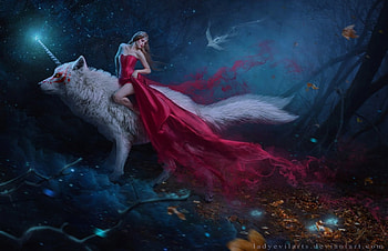 The princess and the unicorn fox, fantasy, girl, dress, fox, l saveljeva, night, frumusete, white, dark, pink, luminos HD wallpaper