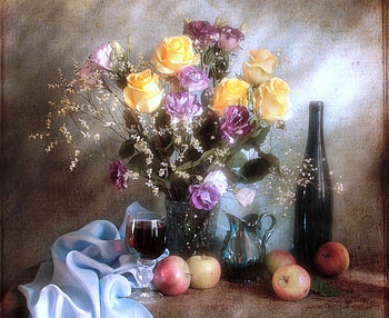 Still life, roses, woderful, soft, colors, beauty, apples, fruit, nature, flowers HD wallpaper