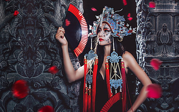 Beauty, blue, black, model, asian, girl, oriental, fan, woman, jewel, petals, red, chakrit chanpen HD wallpaper