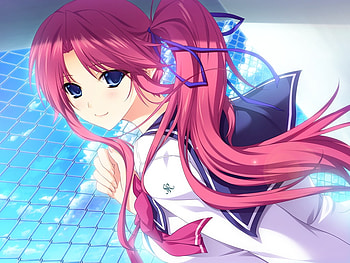 Amagase Yuuki, ribbon, uniform, girl, ponytail, pink, anime, fence, red, clouds, sky, bow HD wallpaper