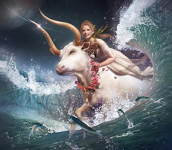 RIDING THE WAVES, cow, fish, lady, waves HD wallpaper