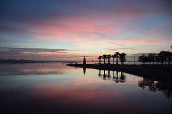 Coast, lighthouse, silhouette, sunset HD wallpaper