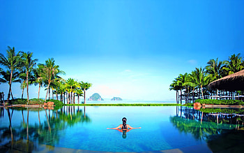Tropical, swimming pool, woman, holiday, sunny day, sky HD wallpaper
