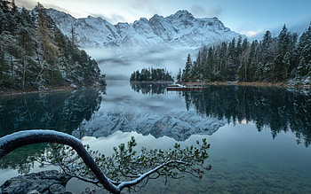 mountain lake, morning, sunrise, mountain landscape, spring, snow, mountains HD wallpaper
