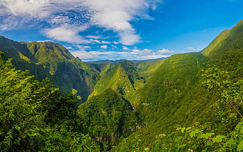 Mountains, gorge, sunny, France, Reunion, rocks, clouds, sky, foliage HD wallpaper