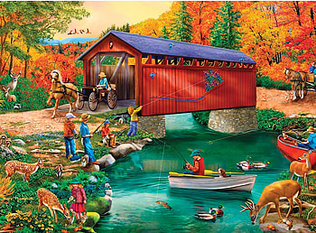 Heartfelt Memories, boat, river, horse, children, colors, artwork, painting, covered bridge, autumn, trees, cart HD wallpaper