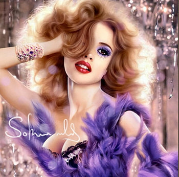 Conjurer, style, pose, blonde, cute, digital art, dress, beauty, cg, lips, female, sexy, red lip, digital painting, eyes, gorgeous, hot, girl, beautiful, lip, purple, make up, fantasy, pretty, breast, face, lovely, hair, eye HD wallpaper