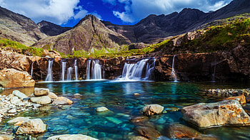 Fairy Pools, Isle of Skye, Scotland, stones, pond, clouds, sky, rocks, mountains HD wallpaper
