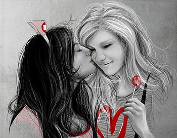 FRIENDS FOREVER, black, blonde, art, brunette, illustration, woman, lollipop, love, red, kiss, heart, friends, duotone HD wallpaper