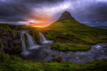 Waterfall, , Cliff, Grass, Moss, Mountain, Sunset, Waterfalls HD wallpaper
