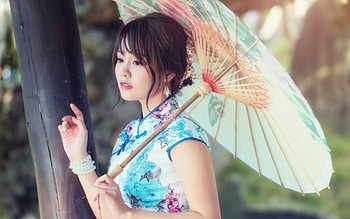 Beauty, blue, umbrella, model, asian, girl, oriental, woman HD wallpaper