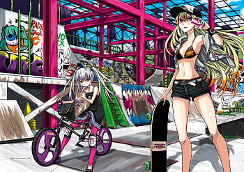 Anime, bicycle, skateboard, graffiti, original HD wallpaper