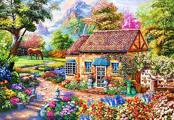 Secret Garden, sky, flowers, cabin, painting, trees, clouds HD wallpaper