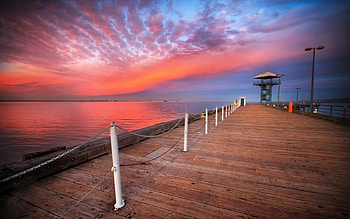 Beautiful Sky, wooden, ocean view, pier, peaceful, sunrise, beauty, reflection, seascape, amazing, ocean, sunset, sea, beautiful, pink, view, bridge, clouds, nature, sky, lovely, splendor HD wallpaper