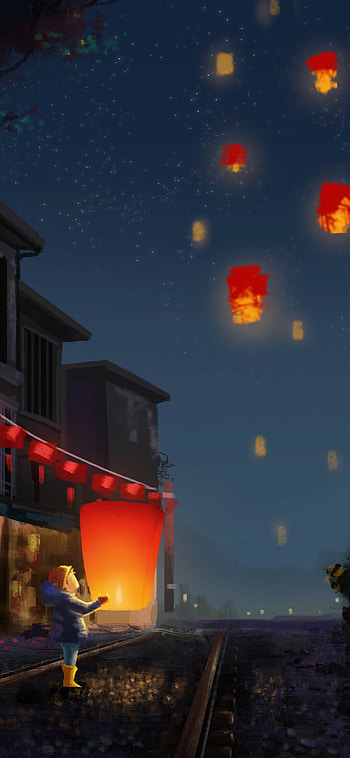 Lanterns artwork festival, Chinese New Year, Starry sky, Night HD phone wallpaper