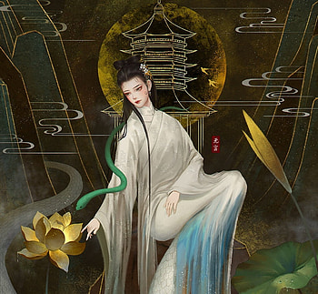 The White Snake, white snake, fantasy, chikoto, girl, luminos, lotus, dark, frumusete, gorgeous, superb HD wallpaper