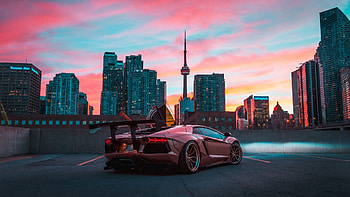 Lamborghini Aventador, Cityscape backdrop, Sports car beauty, High-speed power HD wallpaper