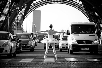 Ballerina Cars Stopper, dress, ballerina, black and white, cars HD wallpaper