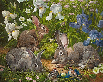rabbits in the garden, garden, flowers, animals, rabbits HD wallpaper