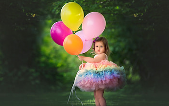 Little girl with balloons, colorful, cute, girl, copil, pink, green, littel, balloon, child HD wallpaper