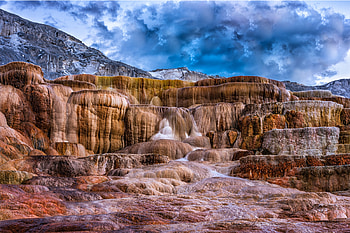 Travertine Terrace, Yellowstone NP, Wyoming, clouds, nature, hot springs, usa HD wallpaper