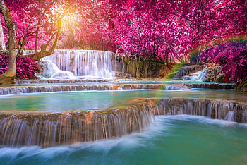Beautiful Place, trees, sunshine, waterfalls, nature HD wallpaper