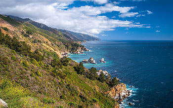 Pacific Ocean, coast, summer, ocean, mountain landscape, California, USA HD wallpaper