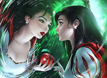 Snow White, girl, frumusete, sakimichan, gorgeous, superb, fantasy, reflection, red, green, apple, fruit, luminos HD wallpaper