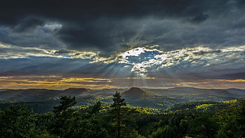 Sun rays and landscape, rays, inspiring, clouds, trees, landscape, nature, sun HD wallpaper
