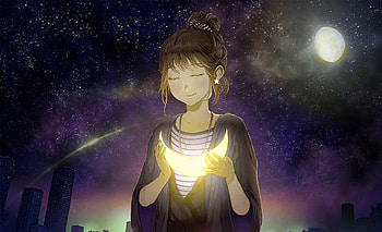 Cute, anime girl with moon, night out, wish, art HD wallpaper