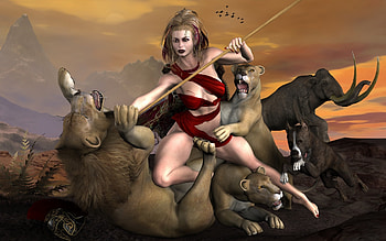 Lion Killer, 3d, fantasy, lion, warrior, female HD wallpaper