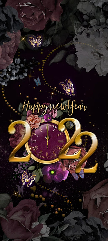 Happy NewYear 2022, magenta, petal, butterfly, festival, dark, luxury, clock, Golden, flower HD phone wallpaper