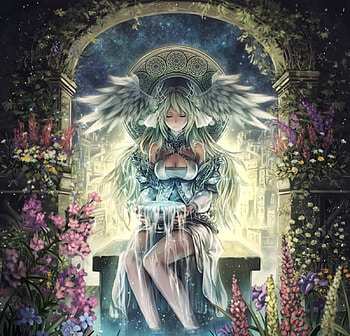 Guardian of water, blue, feathers, cute, angel, long hair, beauty, lady, abstract, fountain, water, female, wings, sweet, art, girl, beautiful, woman, purple, pink, anime, fantasy, light, green, yellow, flowers, lovely HD wallpaper