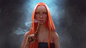 Orange Hairs Women With Gun, artist, artwork, digital-art HD wallpaper