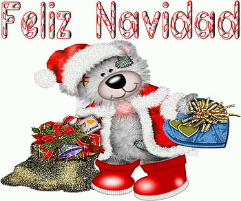 Feliz Navidad, greeting, holiday, santa outfit, bear, gifts HD wallpaper