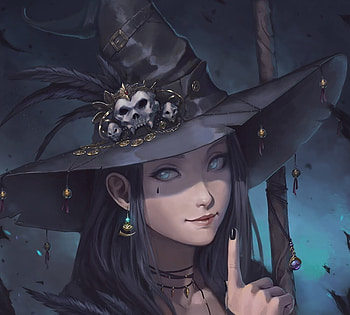 Witch, nibelart, black, fantasy, face, girl, hat HD wallpaper