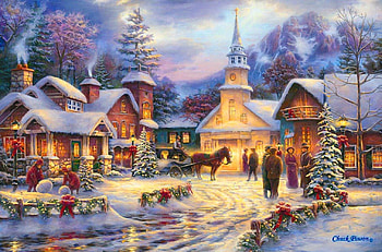 Faith Runs Deep, winter, town, faith, peaceful, serenity, nice, quiet, holiday, painting, cottages, snow, frost, frozen, mood, art, path, deep, run, beautiful, tree, decoration, christmas, lights, street, sky, lovely, calmness, village HD wallpaper