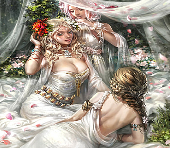 White Queen and Handmaidens, women, white, flowers, Handmaidens HD wallpaper
