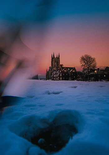 Cities, Architecture, Twilight, Snow, Building, Dusk HD phone wallpaper