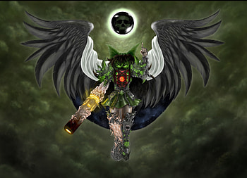 Reiuji Utsuho, skirt, wings, games, dark, utsuho, anime, moon, weapon, touhou, clouds, video games, green background, female HD wallpaper