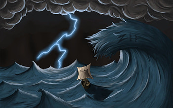 Tidal Wave And Storm, blue, boat, sea, ship, lightning bolt, lightning, tidal wave, waves, gray, gray clouds, lightning strike, abstract, clouds, water, wave, storm HD wallpaper