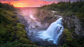 The waterfall Haellingsafallet discharges into the longest canyon in Sweden, sunset, river, trees, colors, sky, mountains, rocks HD wallpaper