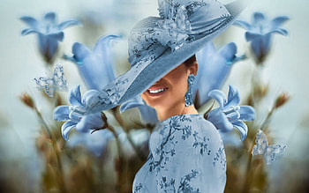 Kentucky Blue, green, soft, flowers, dress, hat, blue, white, derby hat, butterflies, delicate, kentucky HD wallpaper