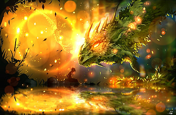 Forest dragon, girl, fantasy, green, yellow, dragon, ryky, luminos, sun, forest HD wallpaper