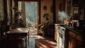 Cozy, rustic cabin kitchen interior featuring wooden furniture and abundant houseplants, Aesthetic, Cottagecore, Kitchen HD wallpaper