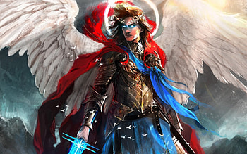 Angel, blue, wings, white, sword, art, man, armor, fantasy, boy, red, game, fighter, creature, warrior HD wallpaper