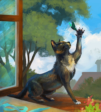 Art, Cat, Butterfly, Playful, Window Sill, Windowsill HD phone wallpaper