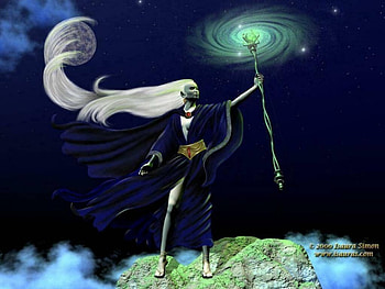 Night Magic, night, full moon, deep blue robe, magic wand, warrior HD wallpaper