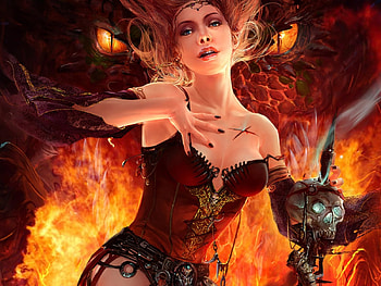 Dragon Witch, dragon, fantasy, fire, witch HD wallpaper