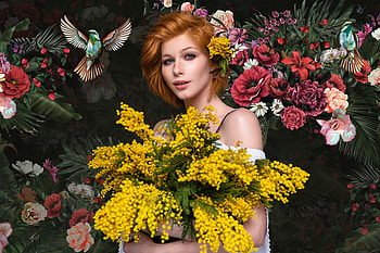 Anastasia Zhilina, flower, yellow, aleksandr chuprina, redhead, girl HD wallpaper